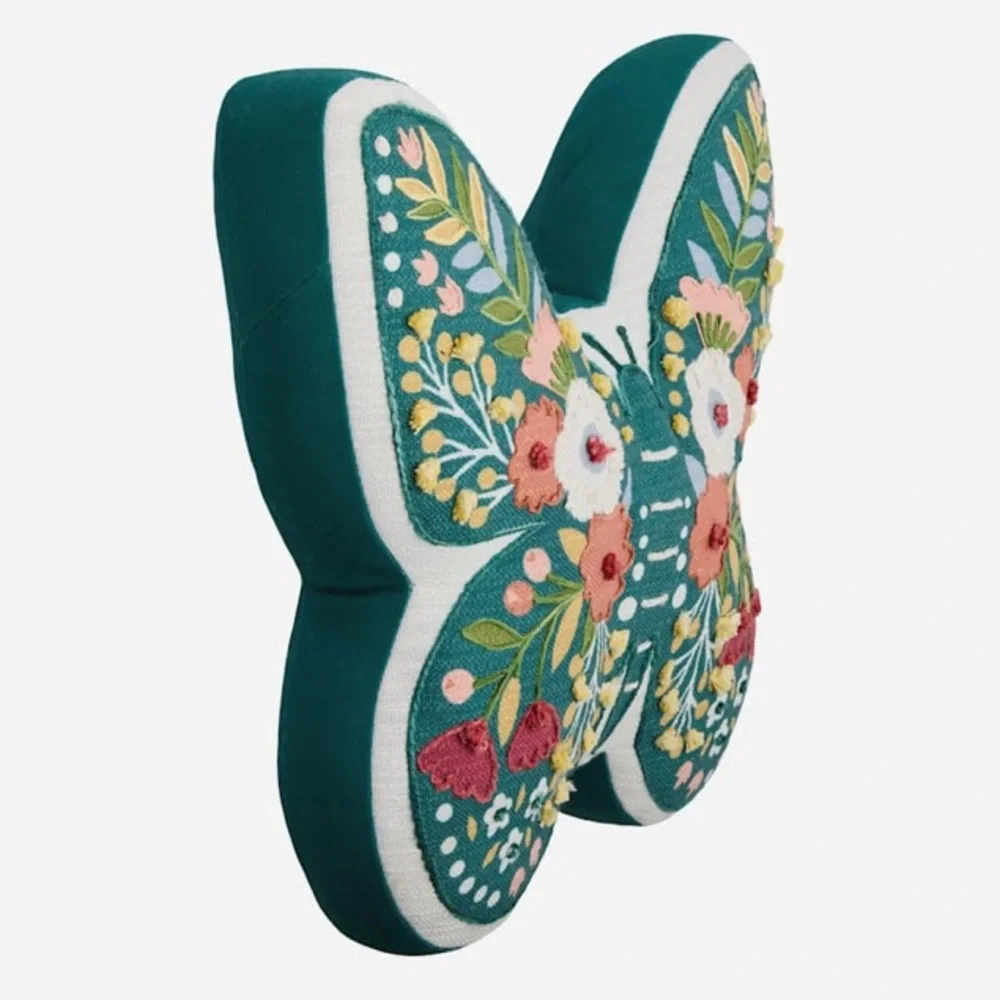 Floral Embroidered Accent Pillow Butterfly Shape 15 x 16 x 4 New With Tags Teal